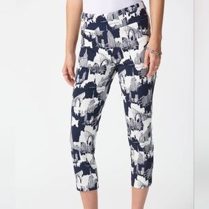 Joseph Ribkoff Navy and White Cityscape Print Cropped Pants